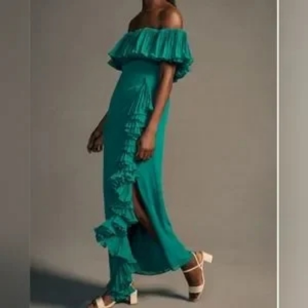 Anthropologie Hutch Green Off-Shoulder Ruffle Maxi Dress